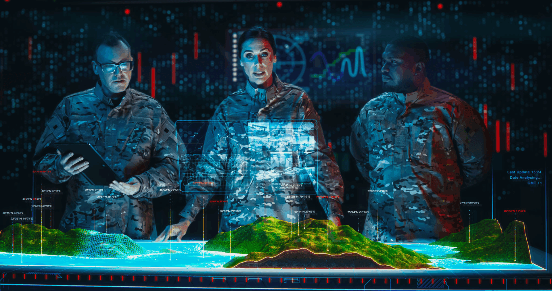 Military personnel analyzing digital terrain map.