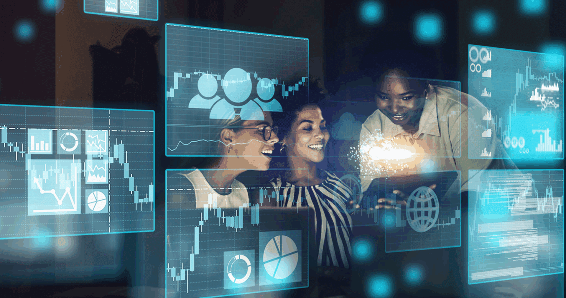 People collaborating with digital data overlays.
