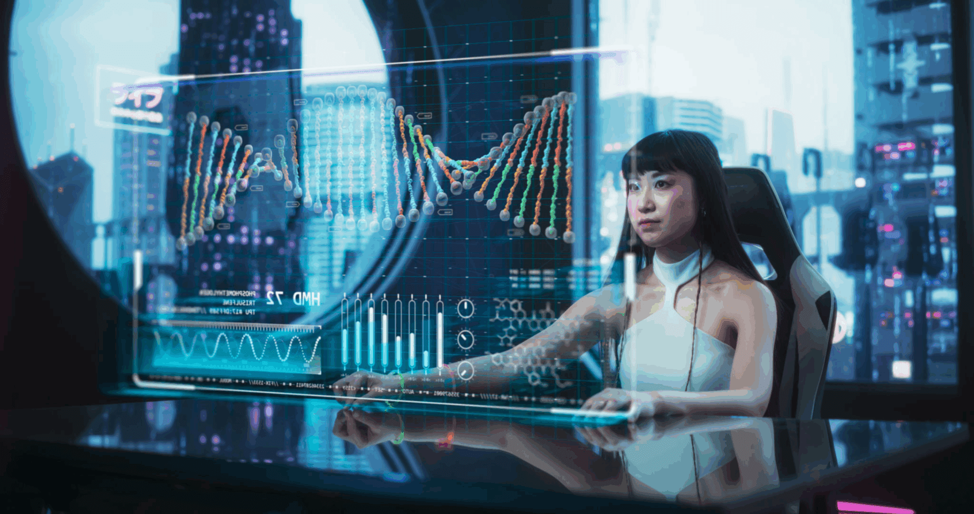 Woman analyzing futuristic DNA hologram display.