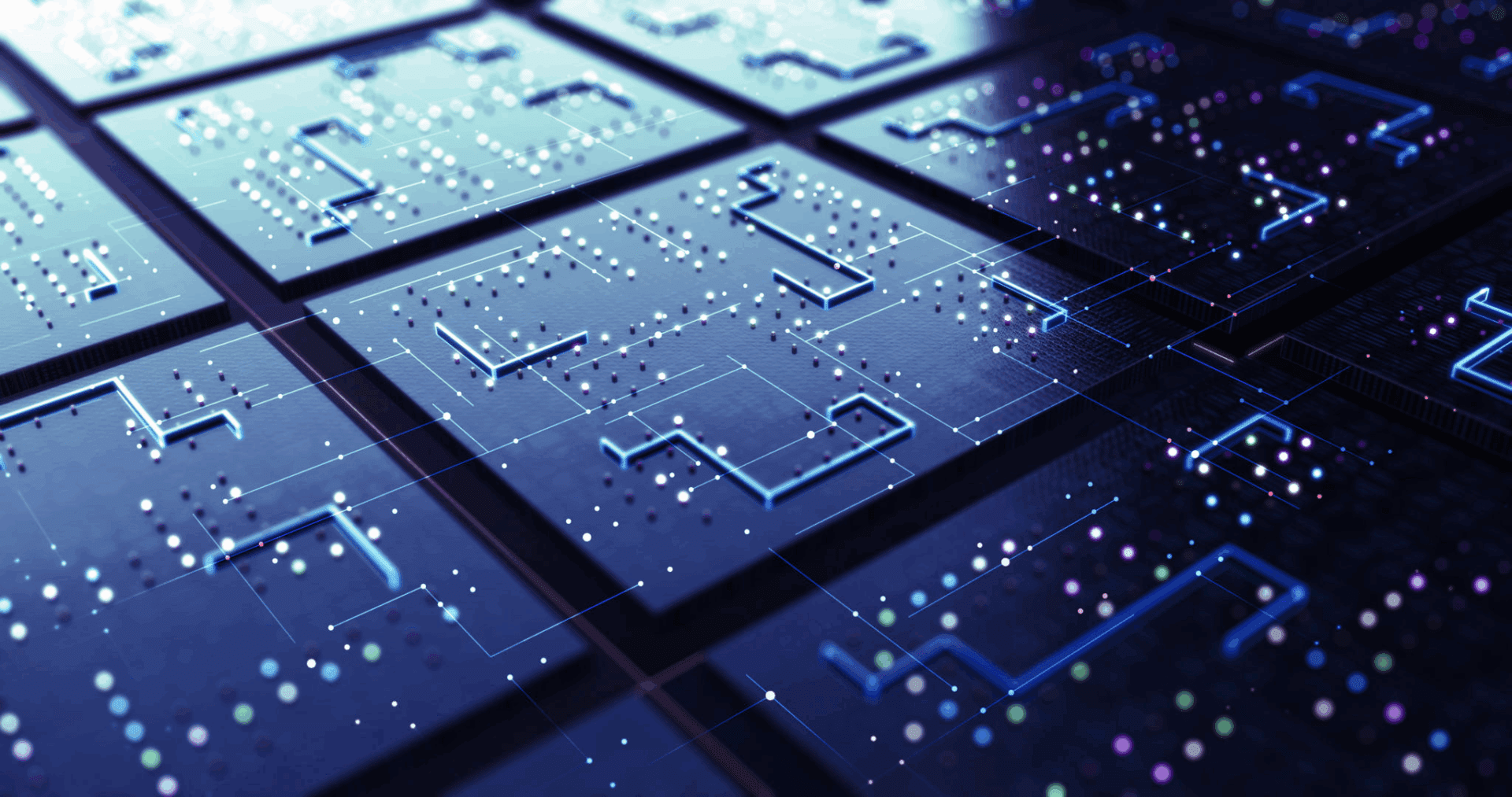 Futuristic circuit board with glowing blue lines.