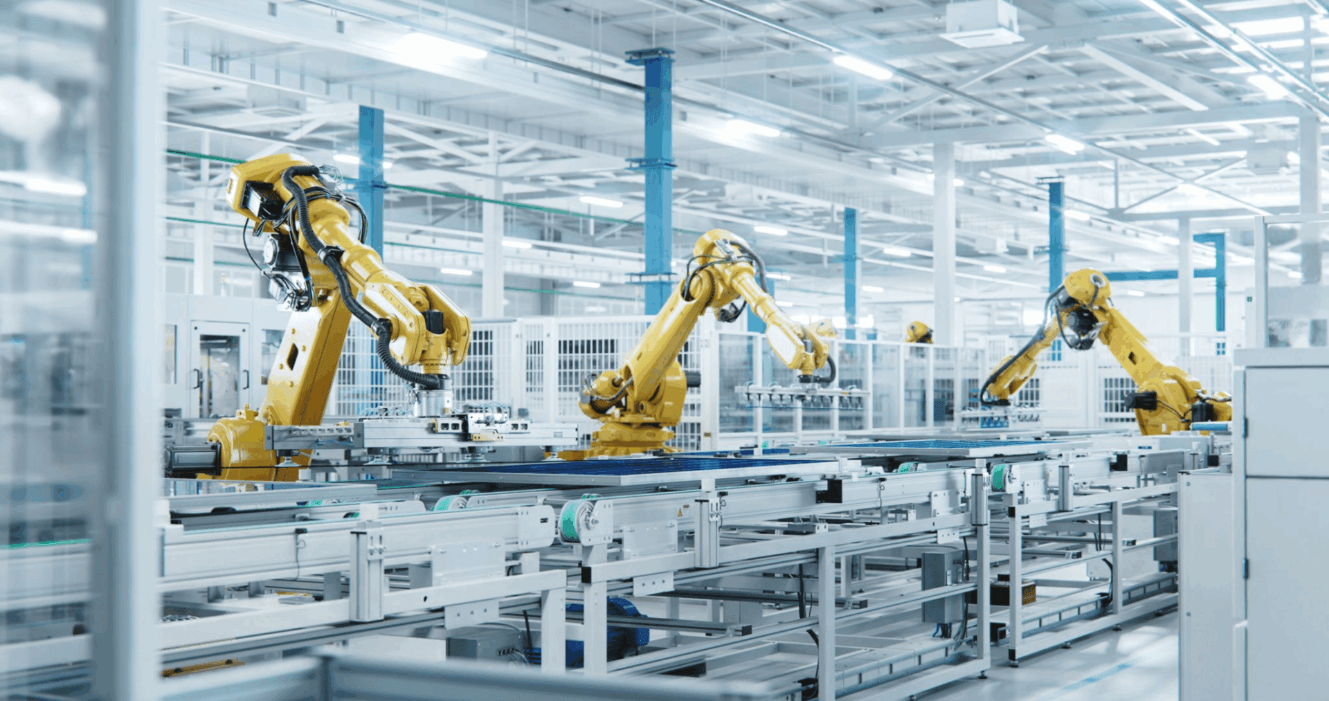 Robotic arms working in a factory setting.